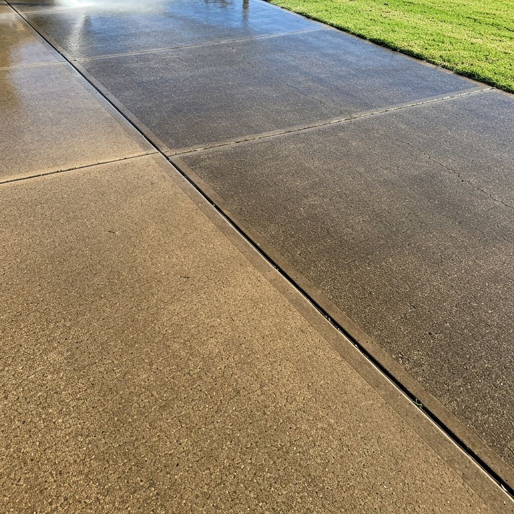 Pressure washing of a concrete driveway showing a clean stripe where dirt and mould have been removed