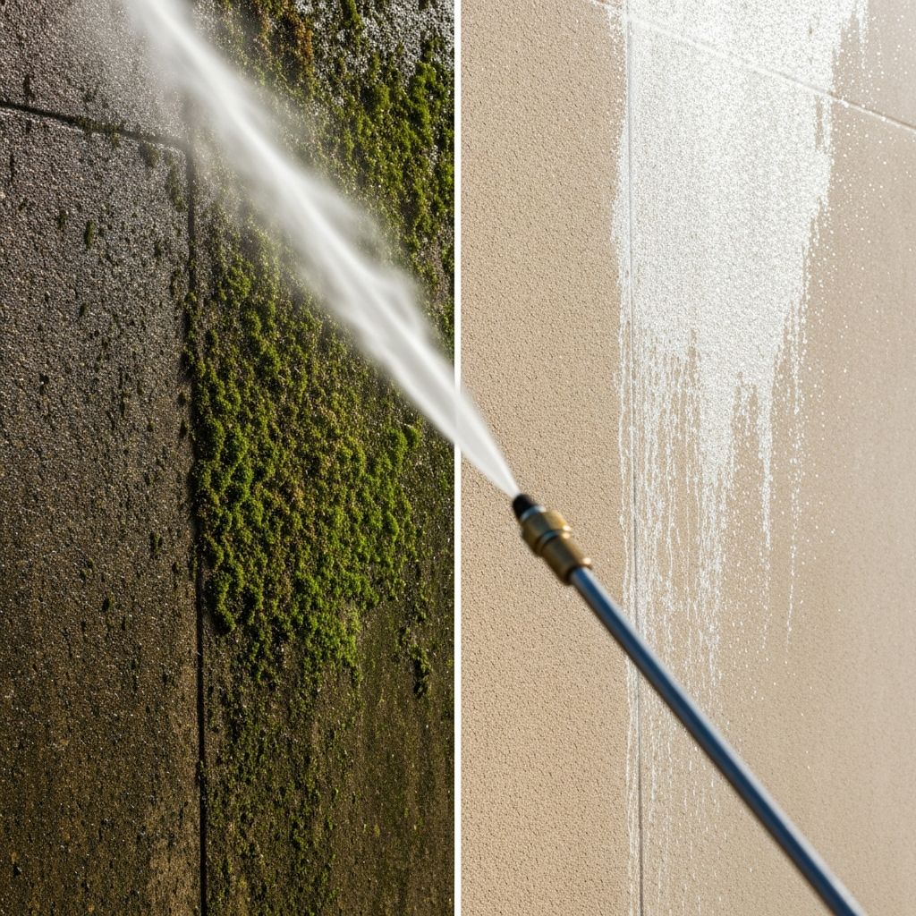 High-pressure water jet cleaning the exterior brick wall of an Australian house, revealing a clean surface